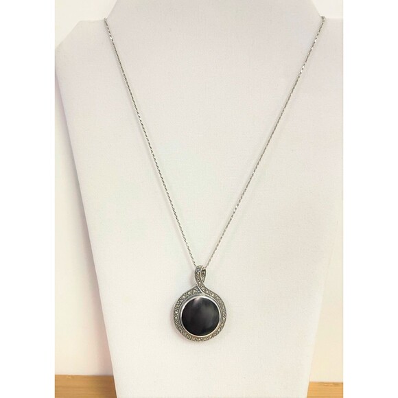 Vintage 925 Silver Marcasite Black Onyx Reversible Pendant Necklace - Picture 6 of 6